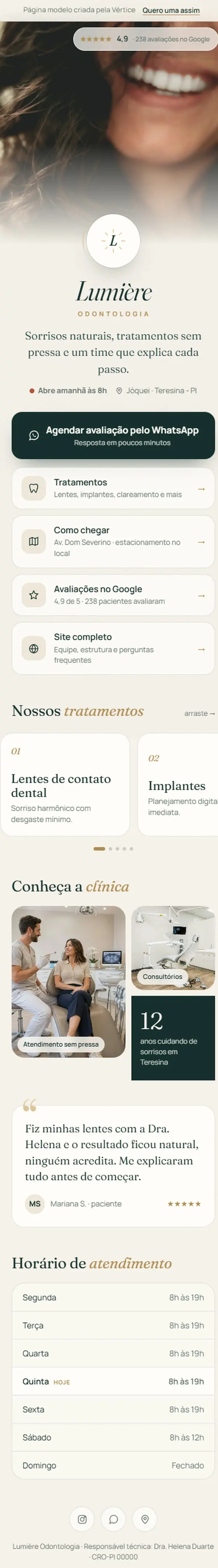 Página de links do modelo Lumière Odontologia no celular