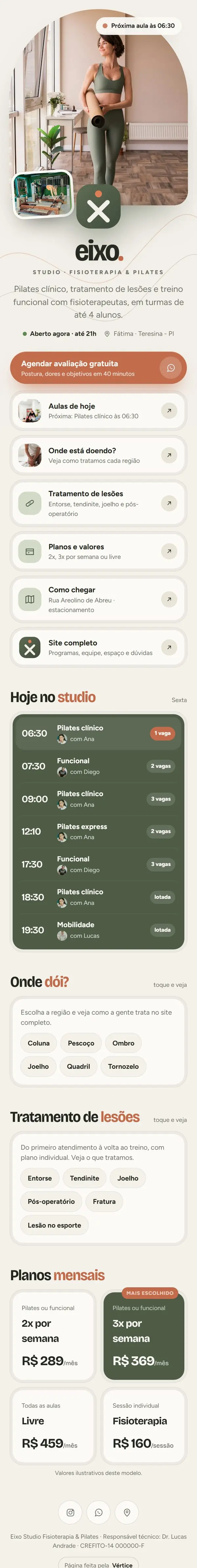 Página de links do modelo Eixo Studio no celular