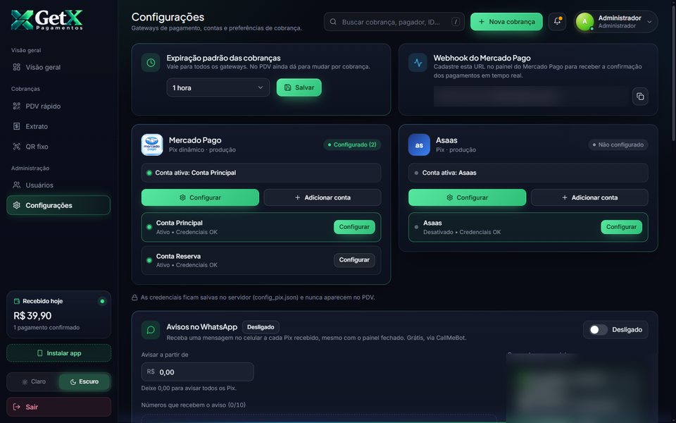 Tela de configurações do GetX Pagamentos