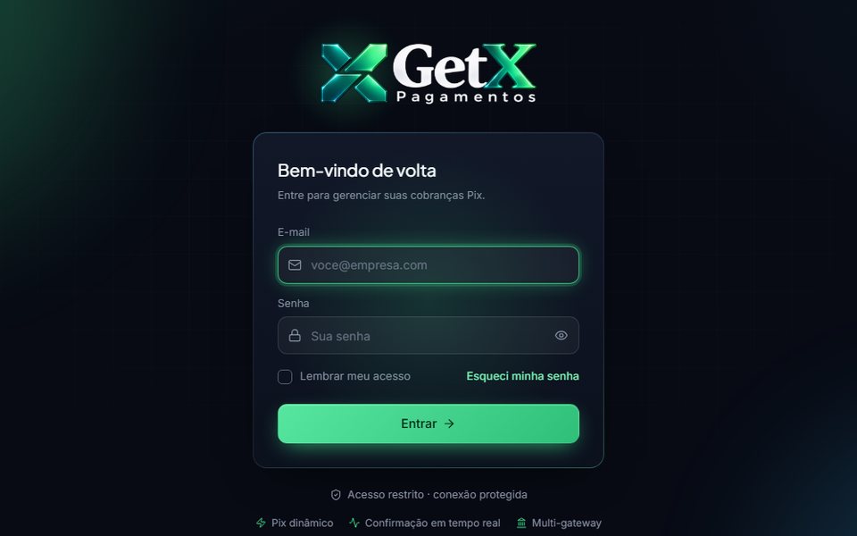Captura de tela da tela de login do GetX Pagamentos