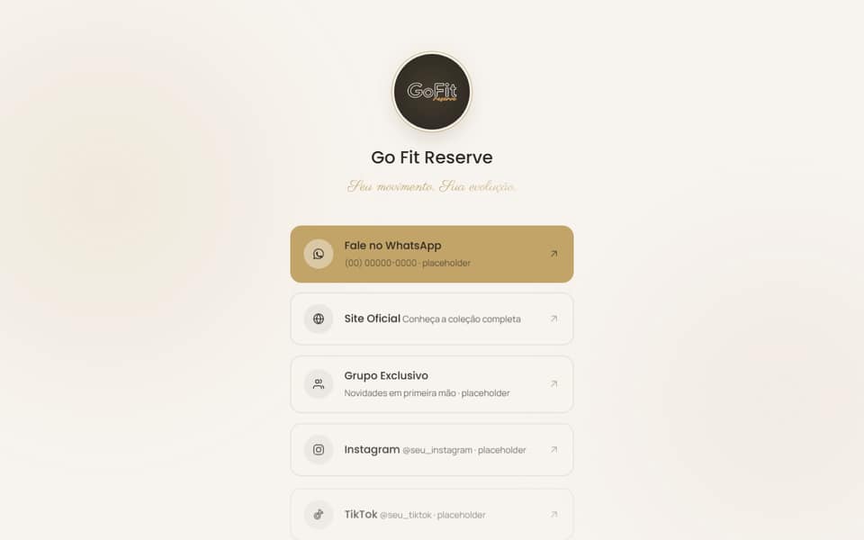 Captura de tela da página de links Go Fit Reserve