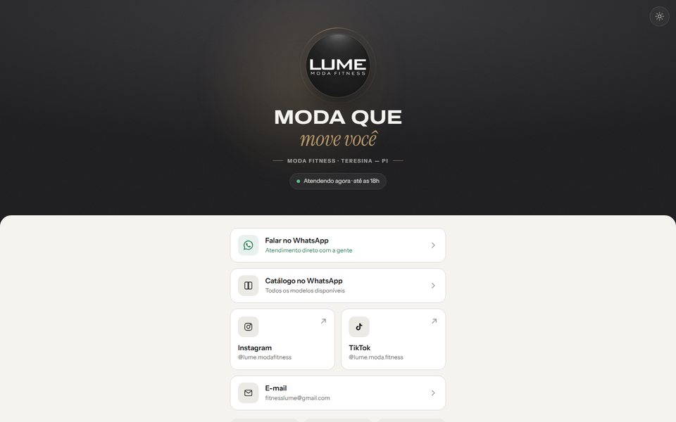 Captura de tela da landing page da Lume Moda Fitness