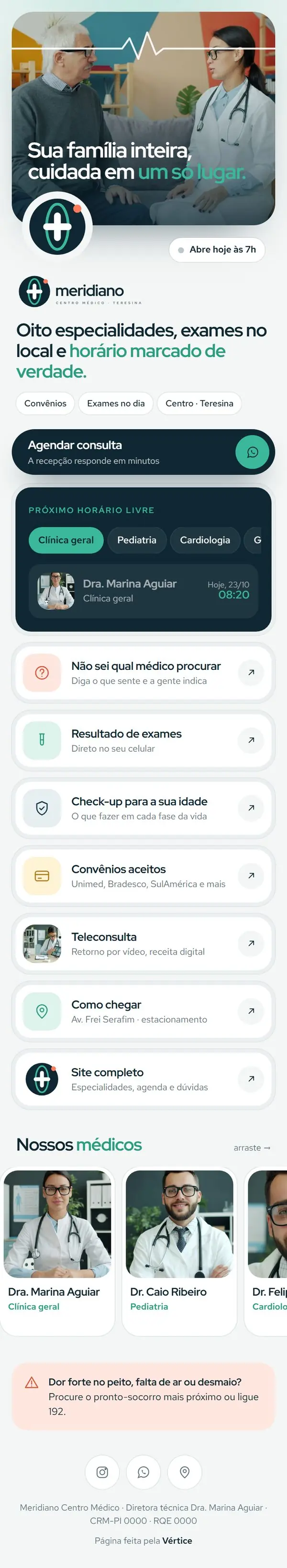 Página de links do modelo Meridiano Centro Médico no celular