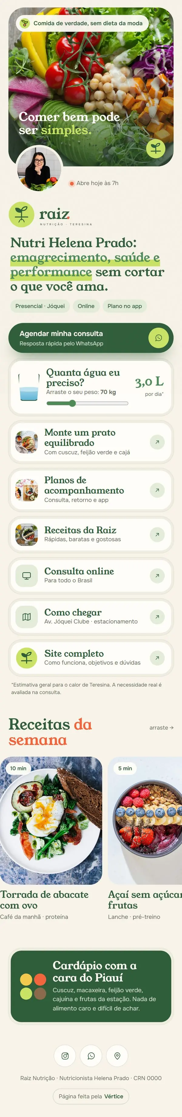 Página de links do modelo Raiz Nutrição no celular