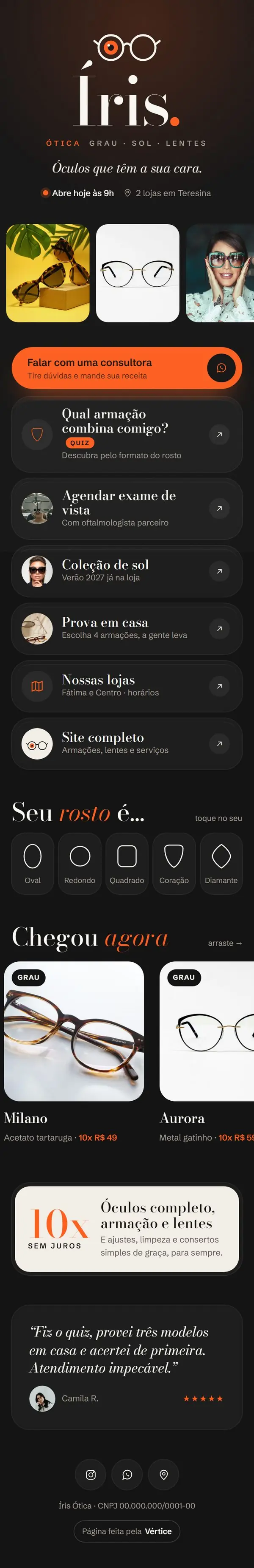Página de links do modelo Íris Ótica no celular