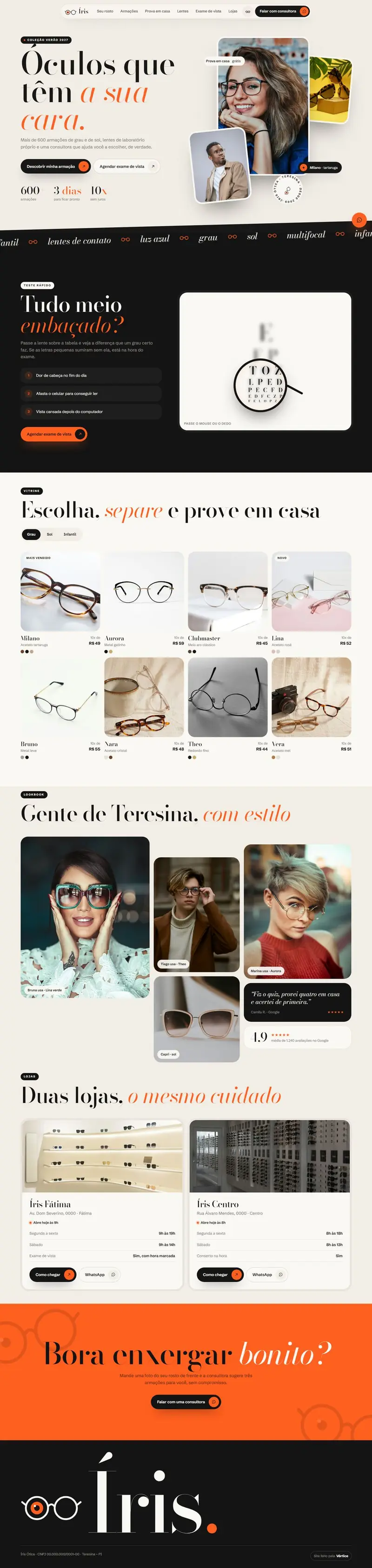 Site do modelo Íris Ótica rolando no computador