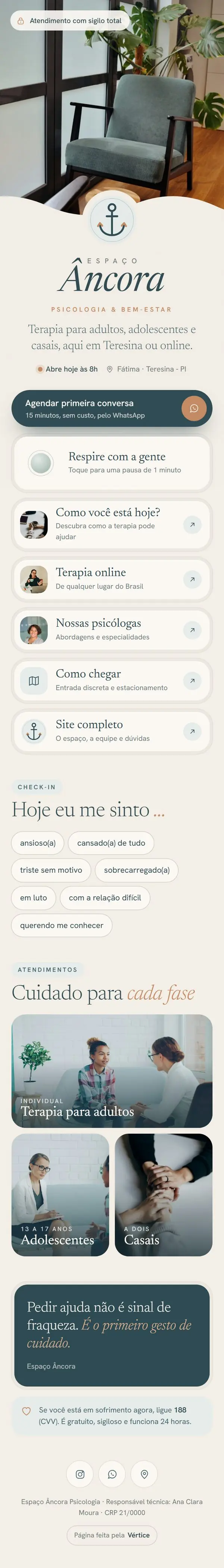 Página de links do modelo Espaço Âncora no celular