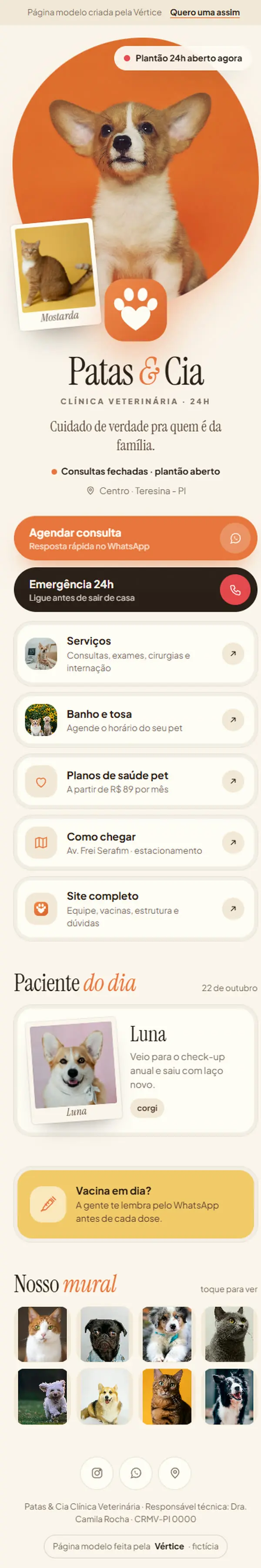 Página de links do modelo Patas & Cia no celular